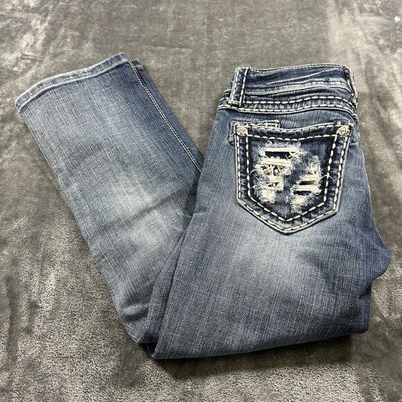 Miss Me Jeans Womens 27 Blue Capri JE5152P10 Embroidered Distressed Rhinestones - Picture 8 of 13